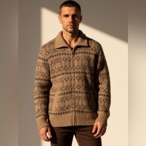 Vintage Sears The Men's Store Tan and Brown Zip-Up Sweater Pure Virgin Wool